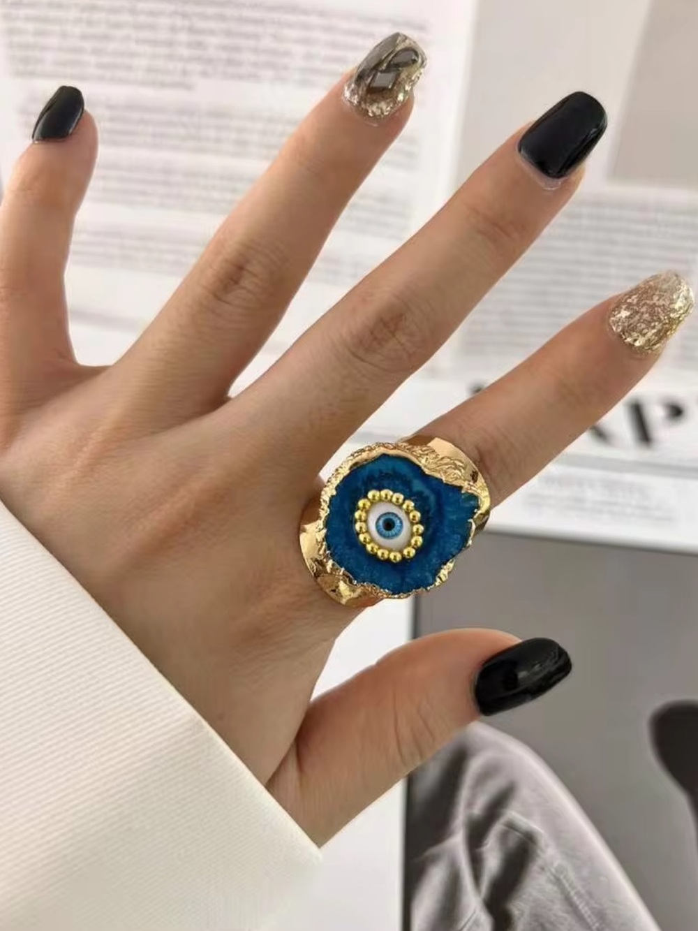 New! Gold-Plated Synthetic Geode Druzy Agate Blue Evil Eye Statement Ring